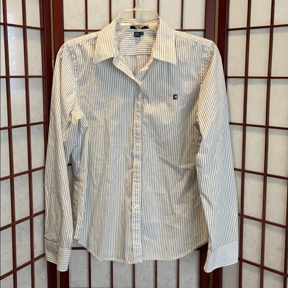 Chaps White w black pinstripes women blouse